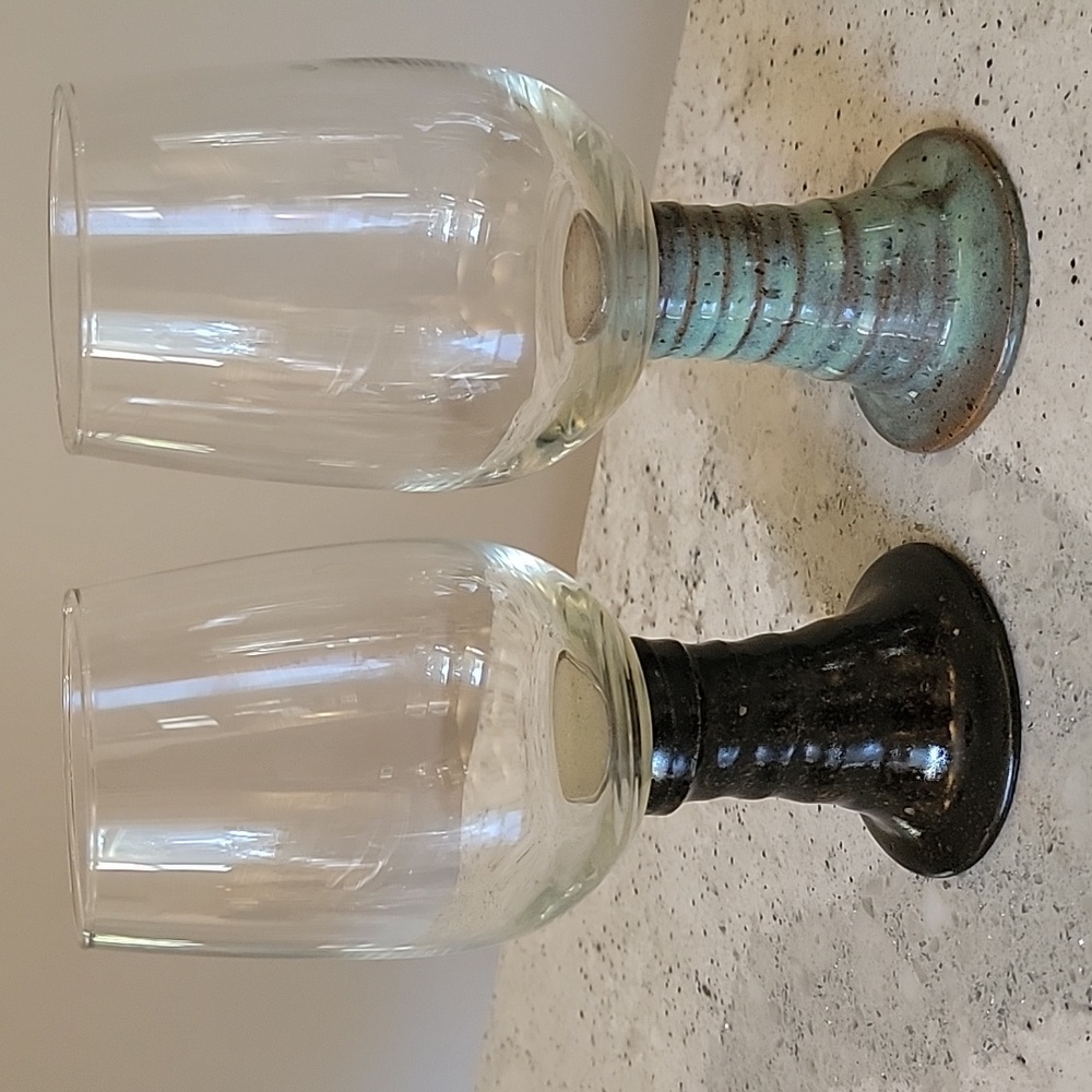 💗 (2) Handmade Ceramic Wine Goblets Glasses Signed 2014